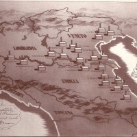 Impianti saccariferi di Eridania alla vigilia della seconda guerra mondiale. Riproduzione di un particolare dell'affresco presente nella sede sociale di Genova
Da: Eridania Zuccherifici nazionali, Storia di cinquant'anni (1899-1949), Piacenza 2013 [ristampa del volume edito nel 1949], p. 48