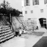 Asciugatura all'aperto dei prosciutti, ditta Luppi, San Vitale Baganza, 1950 ca. - Museo del Prosciutto – Langhirano