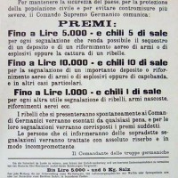 Avviso del comando supremo germanico Premi in sale per la cattura di partigiani, manifesto in in archivio dell'Istituto per la storia e le memorie del 900 Parri Emilia-Romagna.