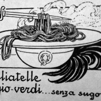 Augusto Majani, Tagliatelle grigio verdi… senza sugo, disegno propagandistico, in «XX settembre 1915, numero unico del Comitato bolognese Pro-Patria»